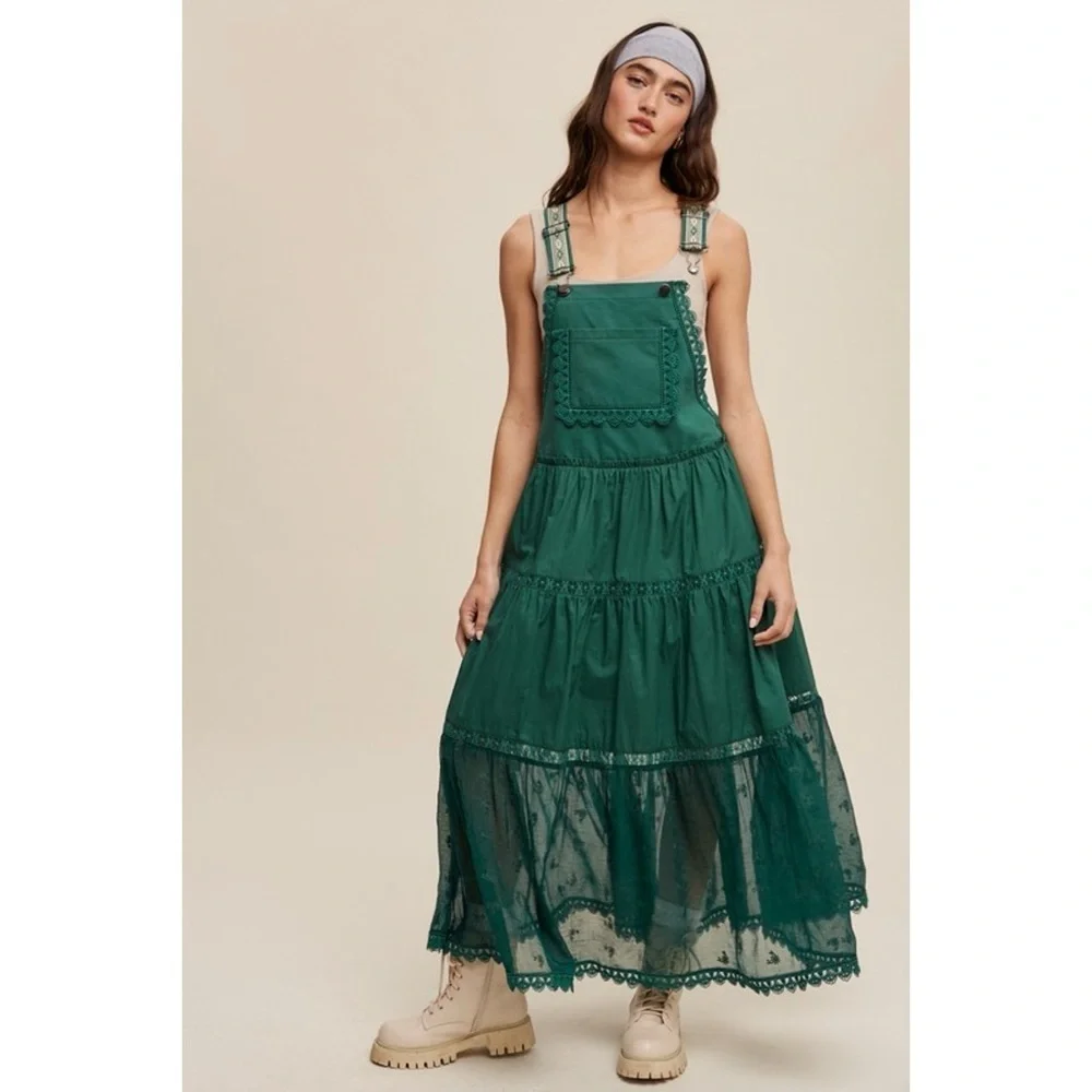 LISTICLE Forest Green Lace Embroidered Maxi Skirtall | Boho Overall Jumper - Picture 10 of 11